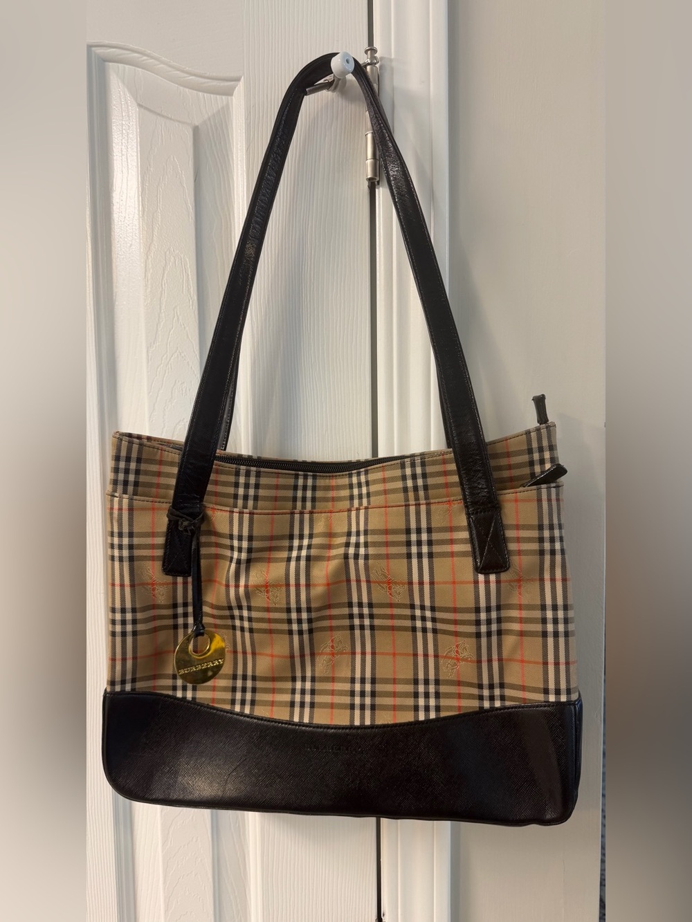 Burberry Beige Plaid Shoulder Bag with Black Leather Trim